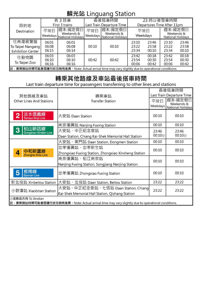 麟光站首班車/末班車時間表