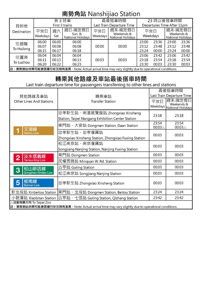 南勢角站首班車/末班車時間表