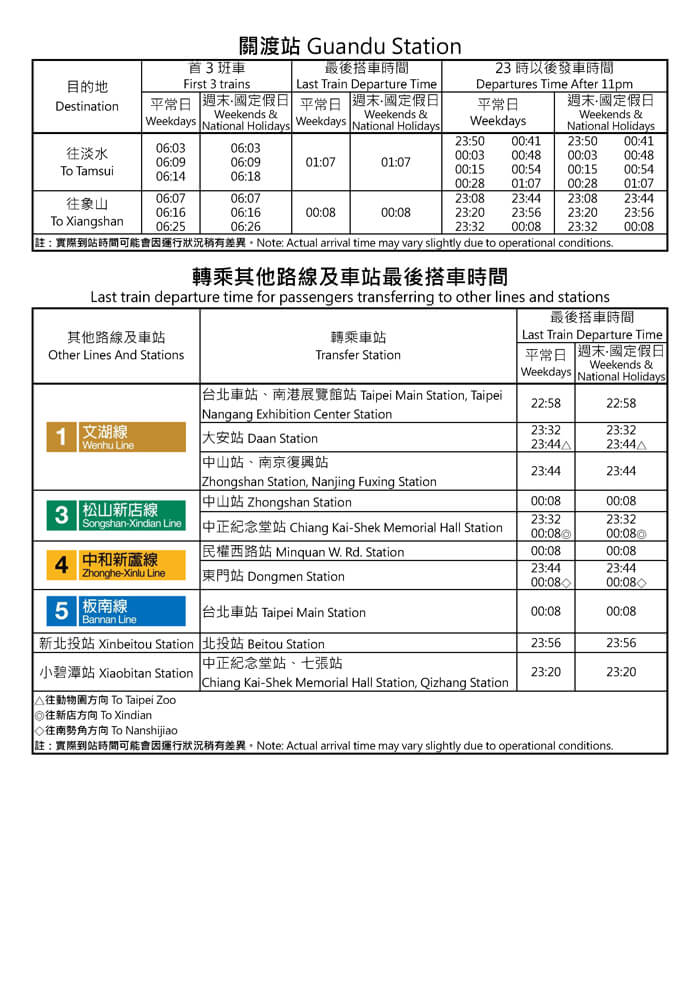 關渡站首班車/末班車時間表