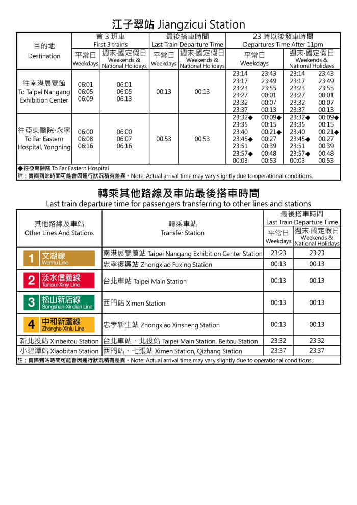 江子翠站首班車/末班車時間表