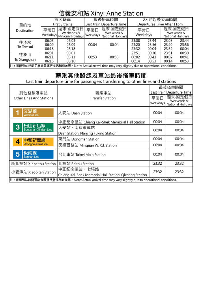 信義安和站首班車/末班車時間表