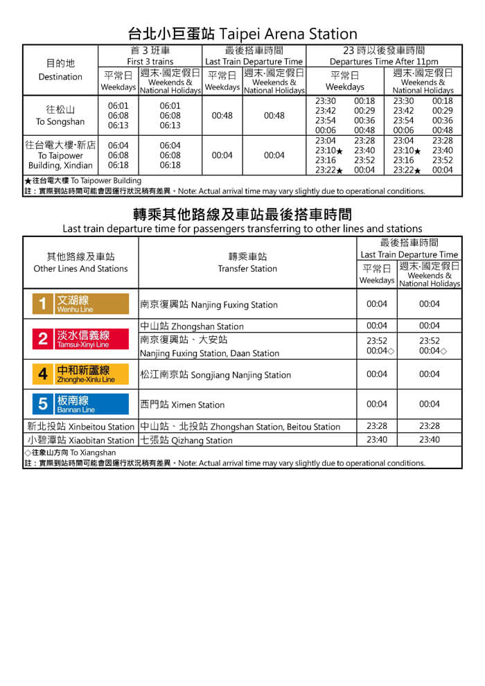 台北小巨蛋站首班車/末班車時間表