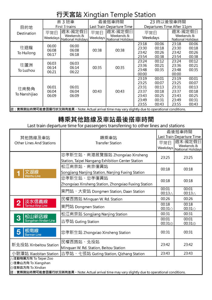 行天宮站首班車/末班車時間表
